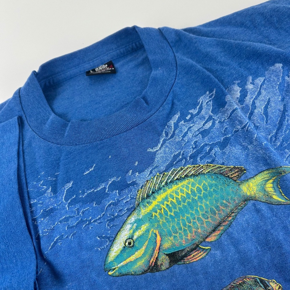 Florida Men's L Destination VTG Tropical Fish T Shirt Blue Single Stitch USA